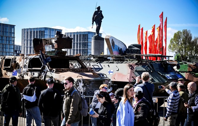 People visit an exhibition showing Western military equipment captured by Russian forces in Ukraine. May 1, 2024 (File/AFP)