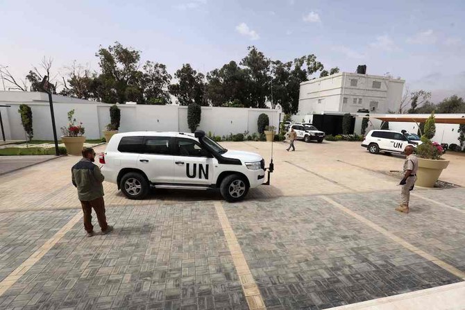 A United Nations car is parked outside the offices of eastern Libya's reconstruction fund in Benghazi. (AFP)