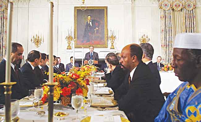 Former US President George W. Bush speaks at a Ramadan dinner. File photo